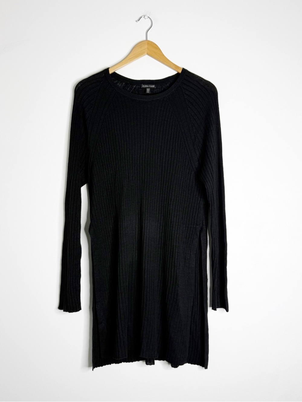 Eileen Fisher Large Black Ribbed Organic Linen Tunic Sweater Side Slits